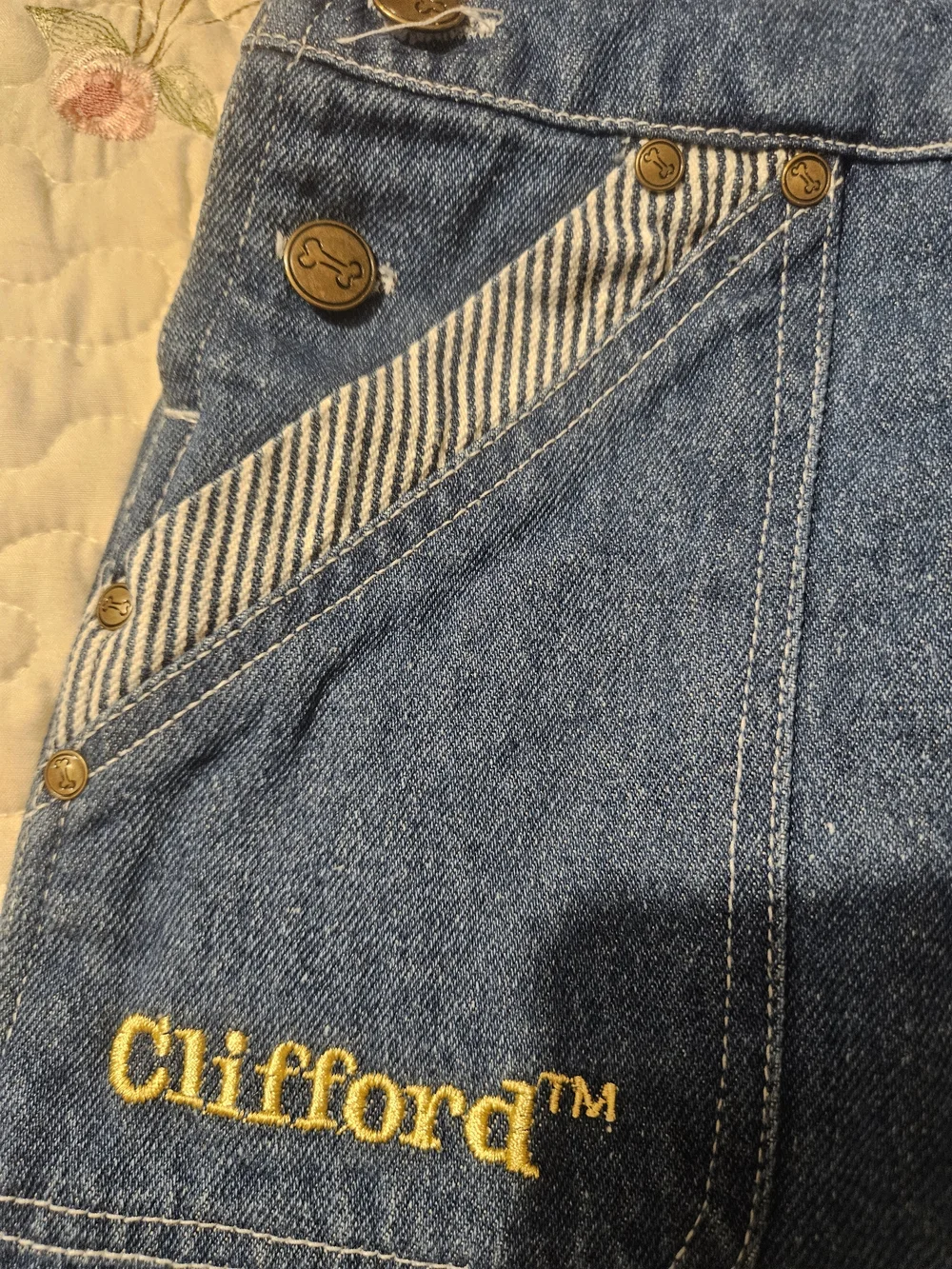 Vintage Clifford Denim Kids Overalls Shorts - Blue with Red Dog Patch Y2K